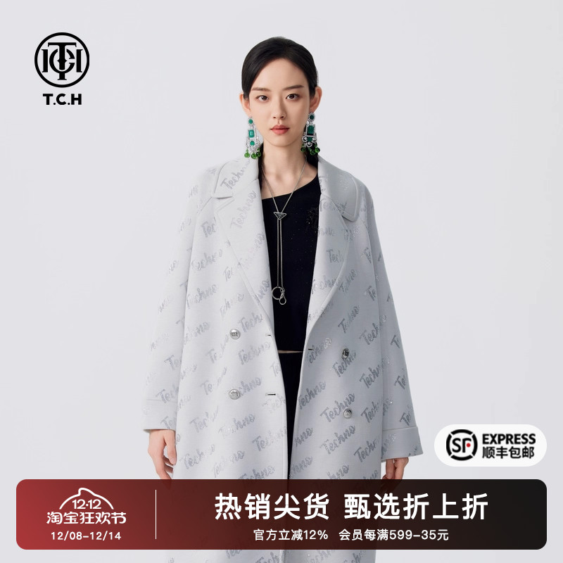 TCH满印烫钻字母休闲长翻领大衣2025冬季新款时尚宽松T72D286018