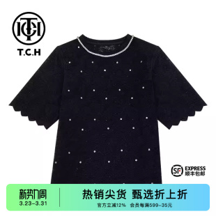 TCH潮牌2024新中式 黑色蕾丝珍珠T恤T72B10E9082 烫钻新中式