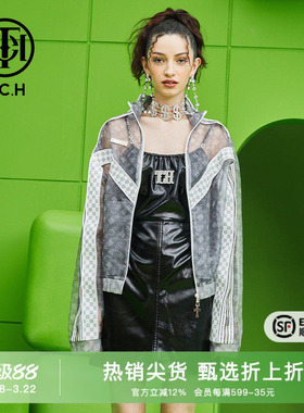 TCH潮牌拉链衫老花网纱2026春秋新款男女灰色外套T69A276001