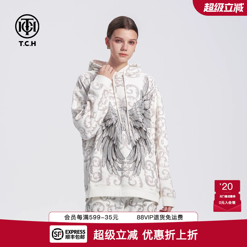 TCH高街烫钻图腾翅膀休闲连帽卫衣2025秋季新款设计感T72C126011