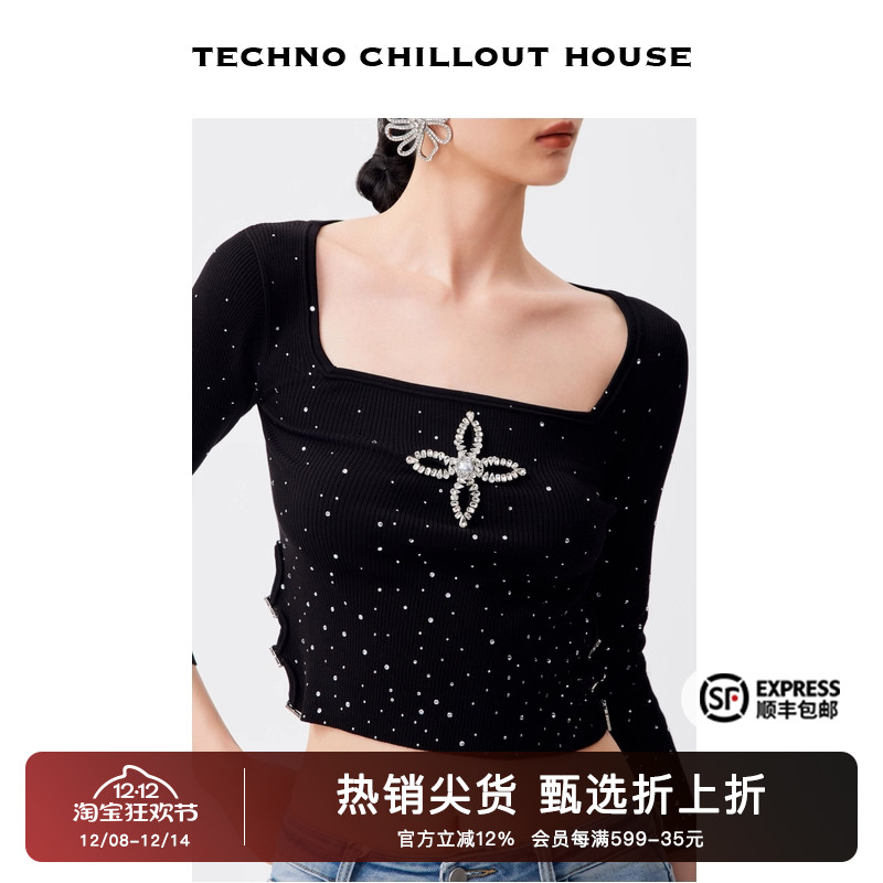 满钻方领显瘦修身针织衫