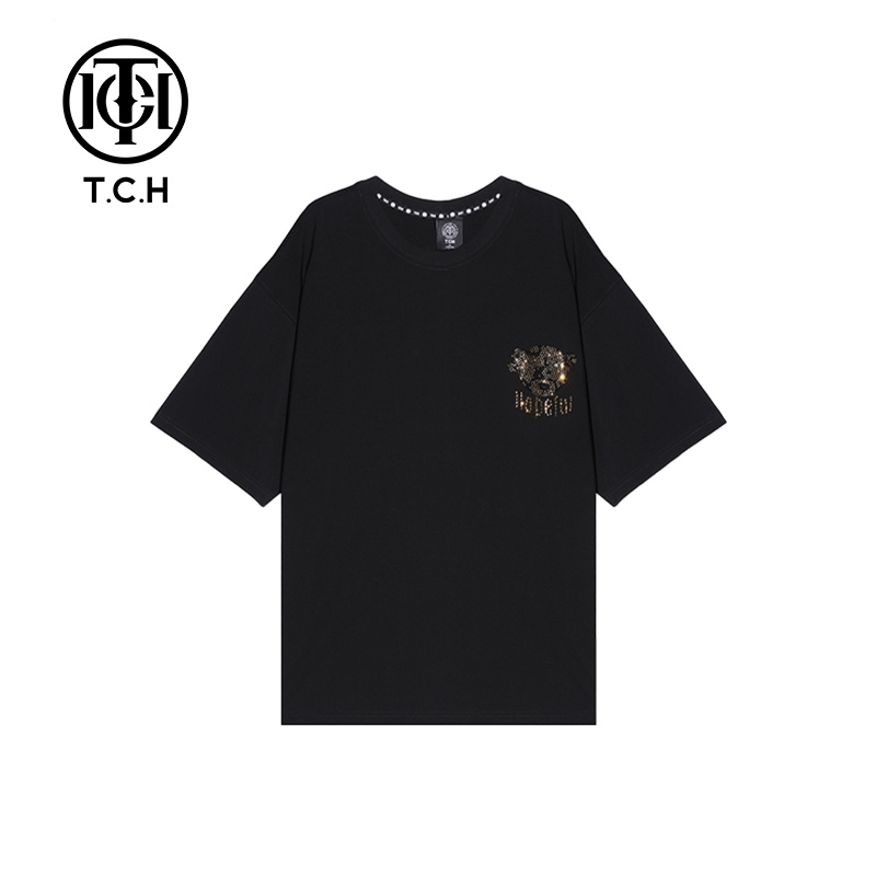 TCH潮牌独眼熊字母烫钻黑色短袖T恤T21110C6240
