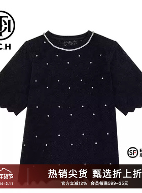 TCH潮牌2024新中式烫钻新中式黑色蕾丝珍珠T恤T72B10E9082