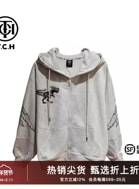 TCH2025秋季恐龙字母翅膀烫钻连帽灰色外套拉链衫T72A17E6001