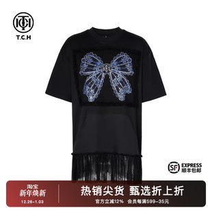 小众设计T75C10B1010 新款 TCH烫钻时尚 淑女蕾丝下摆T恤女2025夏季