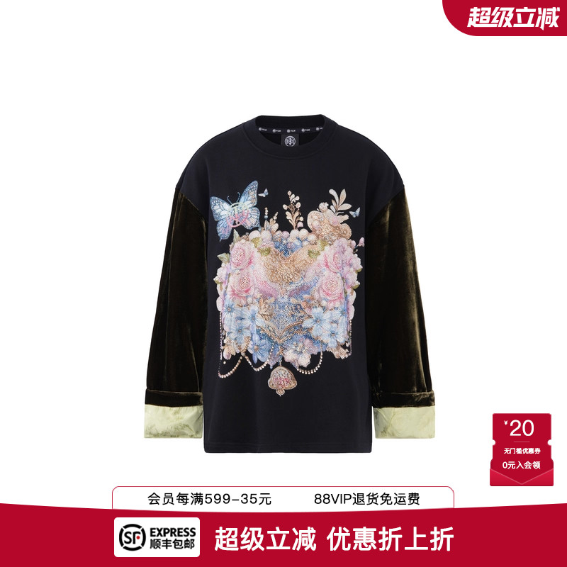 烫钻提花新中式复古丝绒卫衣