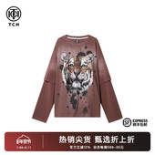 时尚 TCH烫钻老虎头字母宽松长袖 T恤2025秋冬新款 假两件T69D088001