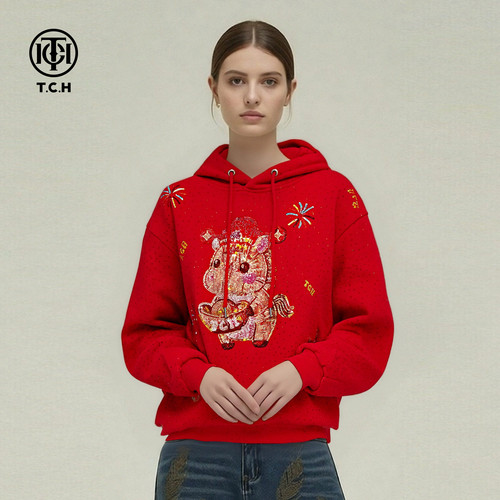 TCH【新秋穿搭】秋款时尚烫钻工艺红色女装卫衣帽衫T78A12E1005
