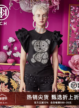 TCH潮牌T恤烫钻小熊花瓣袖夏季男女黑色T66B106156
