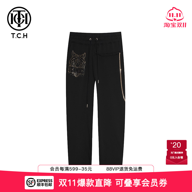 虎头字母直筒烫钻金属链卫裤