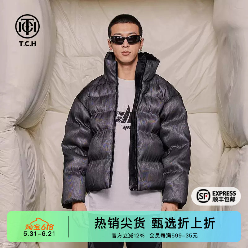 TCH轻奢潮牌时尚百搭迷彩亮面羽绒服秋冬新款立领廓形保暖外套