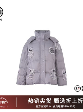 TCH蝴蝶结烫钻鹅绒连帽羽绒服2025冬季新款保暖时尚款T72D198071