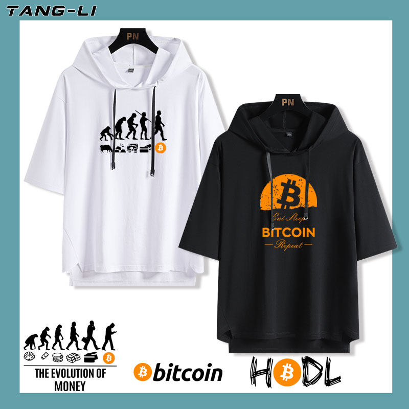 马斯克货币进化同款比特币BTC区块链连帽短袖T恤夏季男装五分半袖