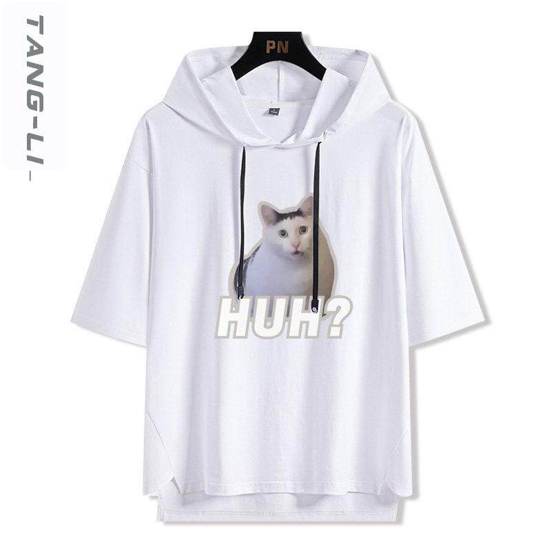 HUH猫咪趣味懵逼表情包印花连帽短袖t恤男装夏季宽松五分袖衣服潮