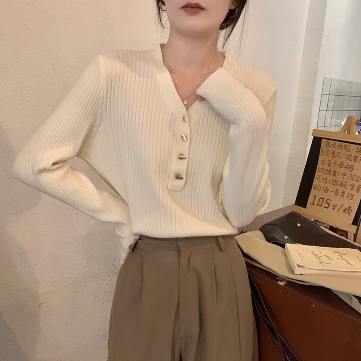 针织毛衣女v领正肩衫秋冬