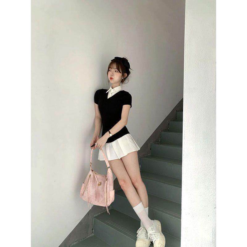 美式学院风假两件领连衣