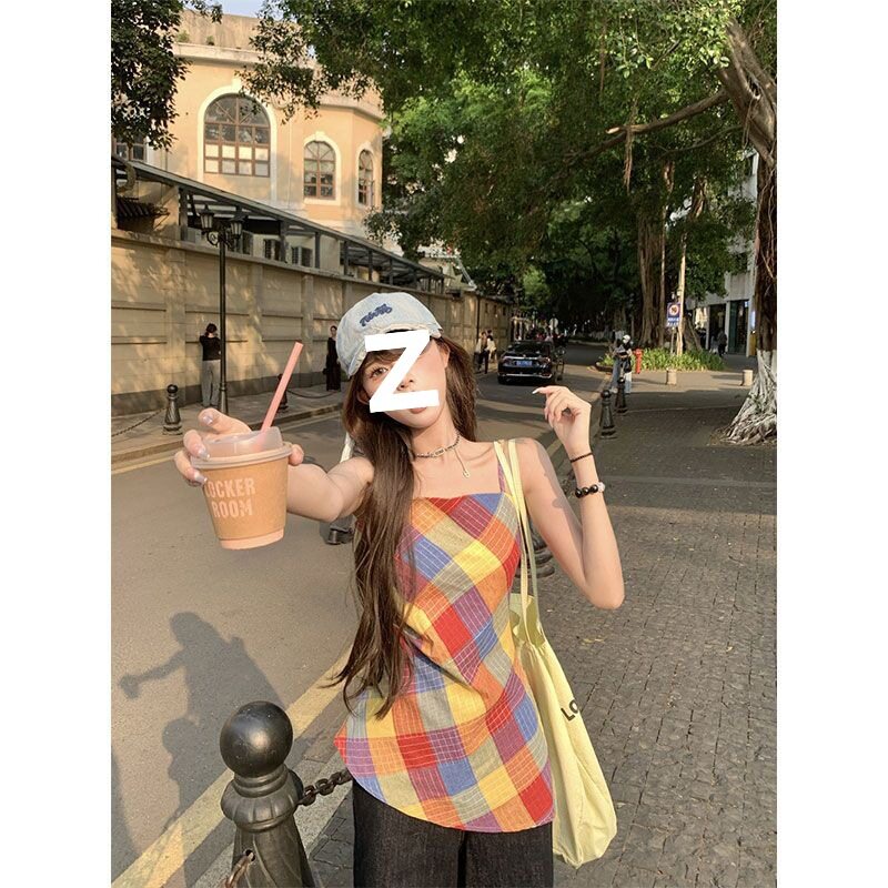 法式彩色格子吊带背心女夏季