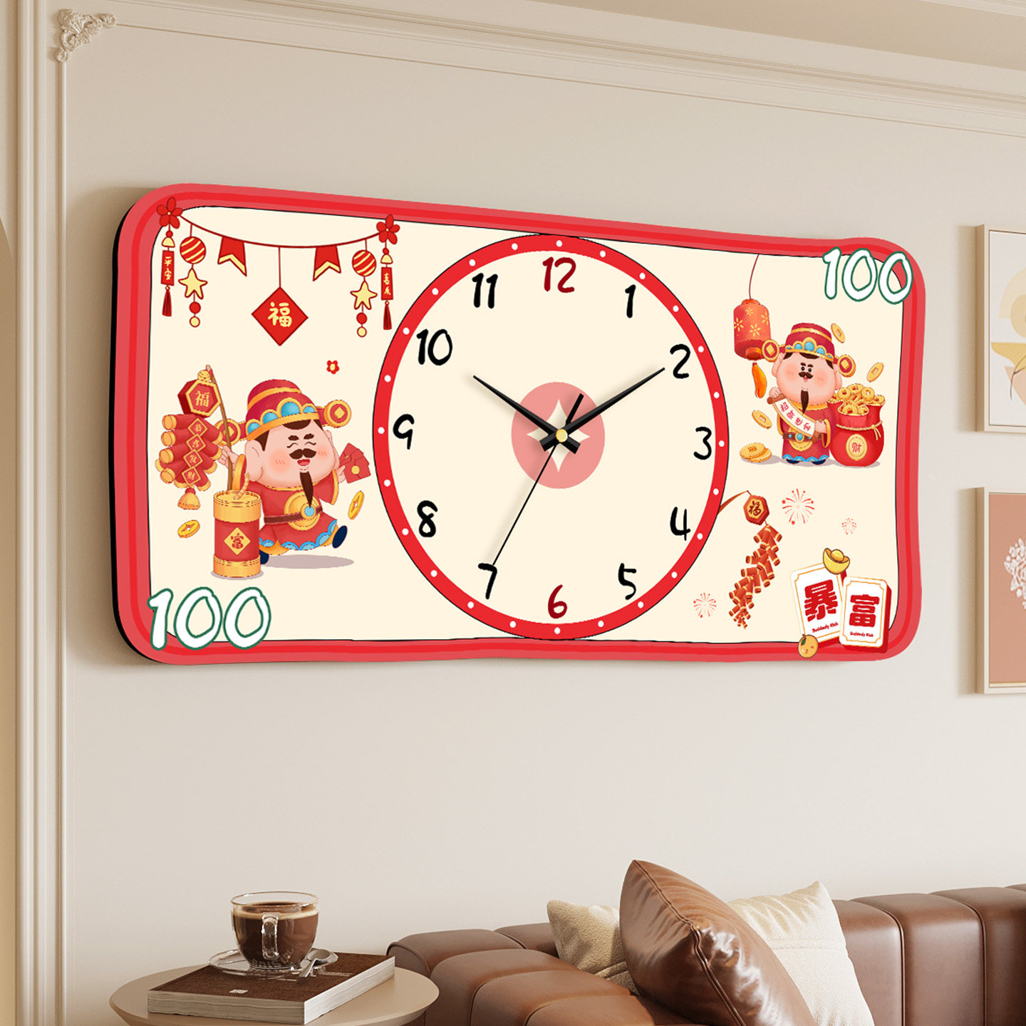 新款财神爷卡通挂钟客厅家用创意时钟挂墙餐厅石英钟表装饰免打孔