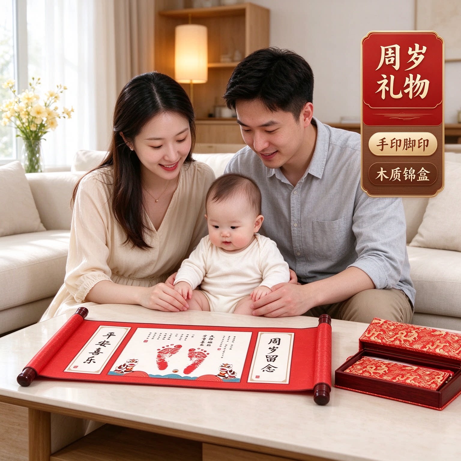 周岁礼物手印脚印纪念品木质锦盒留念字画喜笑颜开喜气盈门有心意