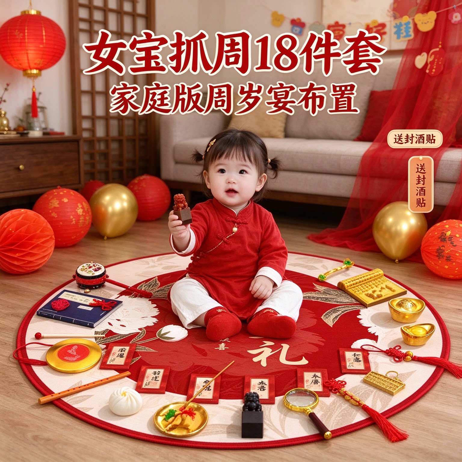 婴儿抓周道具女宝18件套家庭版送封酒贴周岁宴布置装饰用品大全