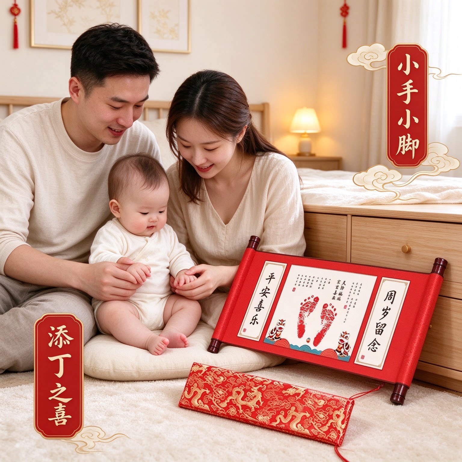 周岁纪念礼物一家四口婴儿手足印纪念品小手小脚添丁之喜团团圆圆