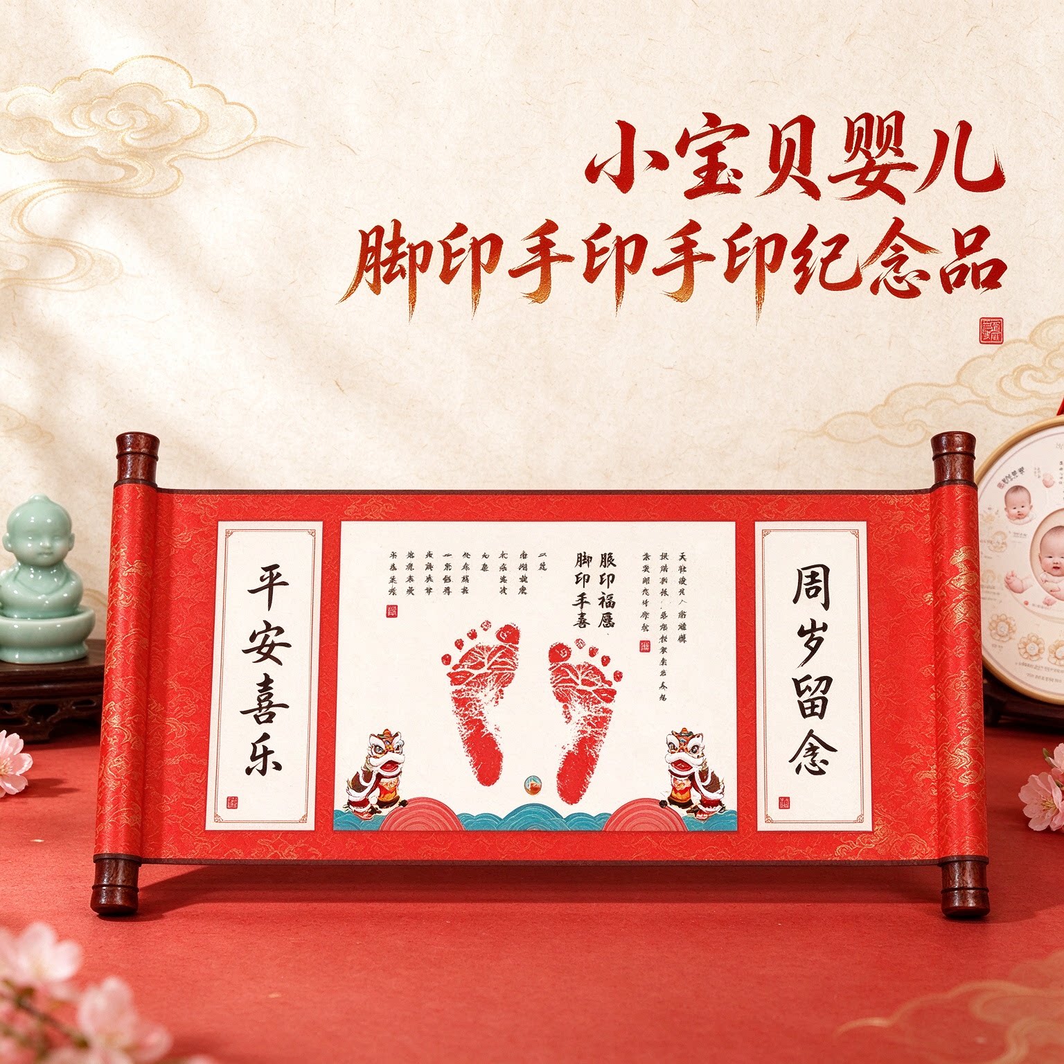 小宝贝婴儿脚印手印纪念品团团圆圆年年如意添丁之喜满满仪式平安