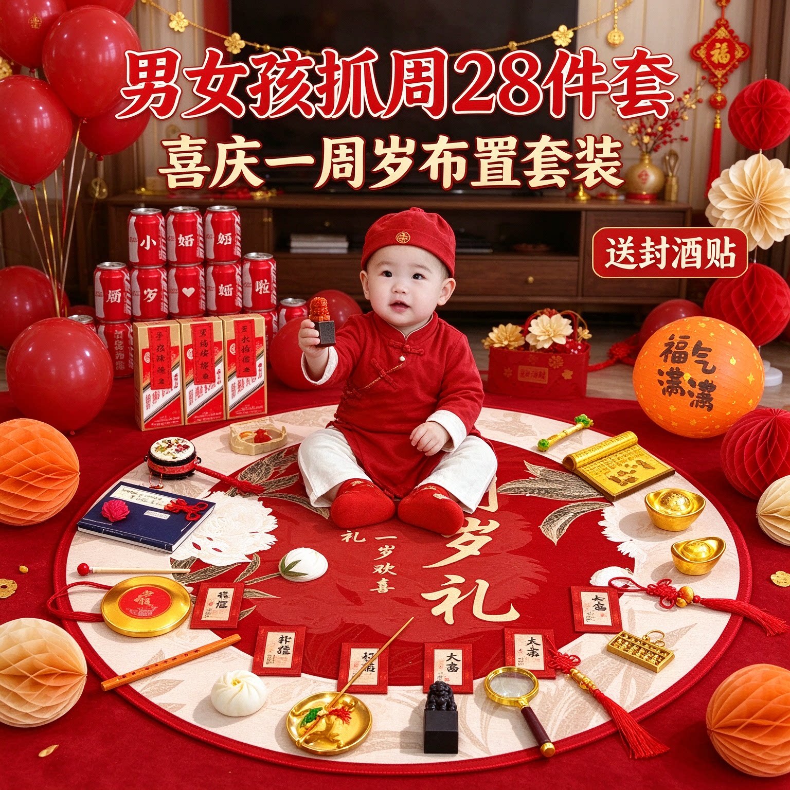 婴儿抓周道具男女孩28件套喜庆送封酒贴一周岁布置套装用品大全
