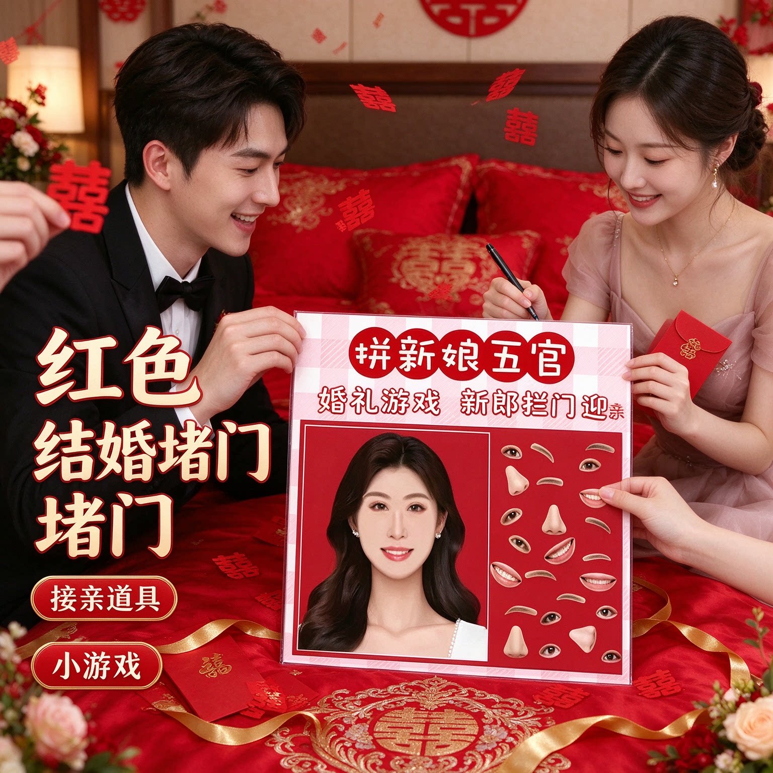红色结婚堵门道具婚礼游戏接亲道具新郎婚礼环节小游戏拦门迎亲