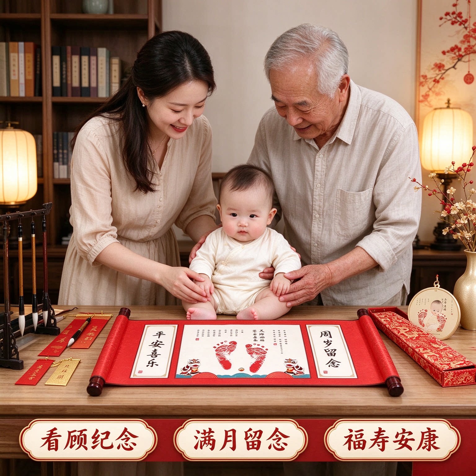 男宝满月礼物礼盒装宝宝脚印手印纪念字画福寿安康温馨留念中国风