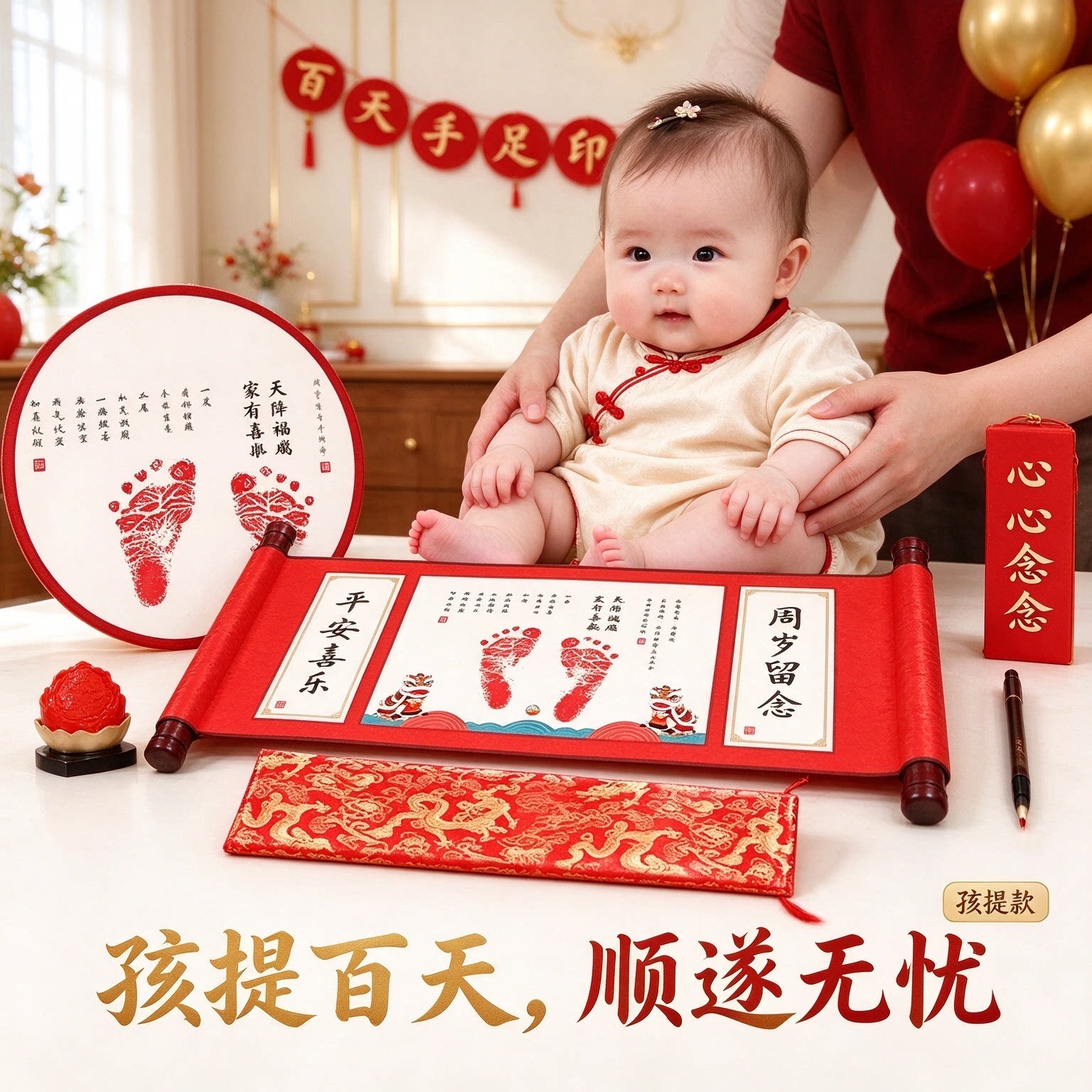 百天平安喜乐手足印画纪念品温馨留念顺遂无忧心心念念福气满满