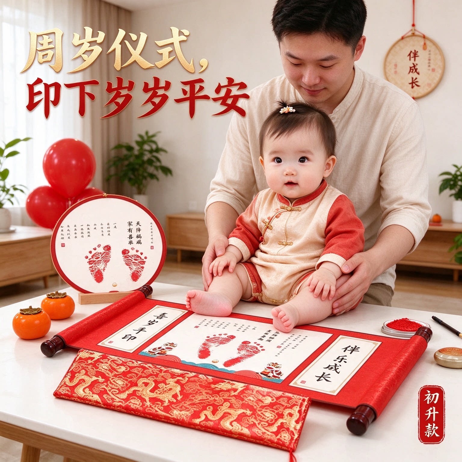 岁岁平安周岁婴儿手足印锦袋装周岁仪式纪念卷轴画喜乐安康伴成长