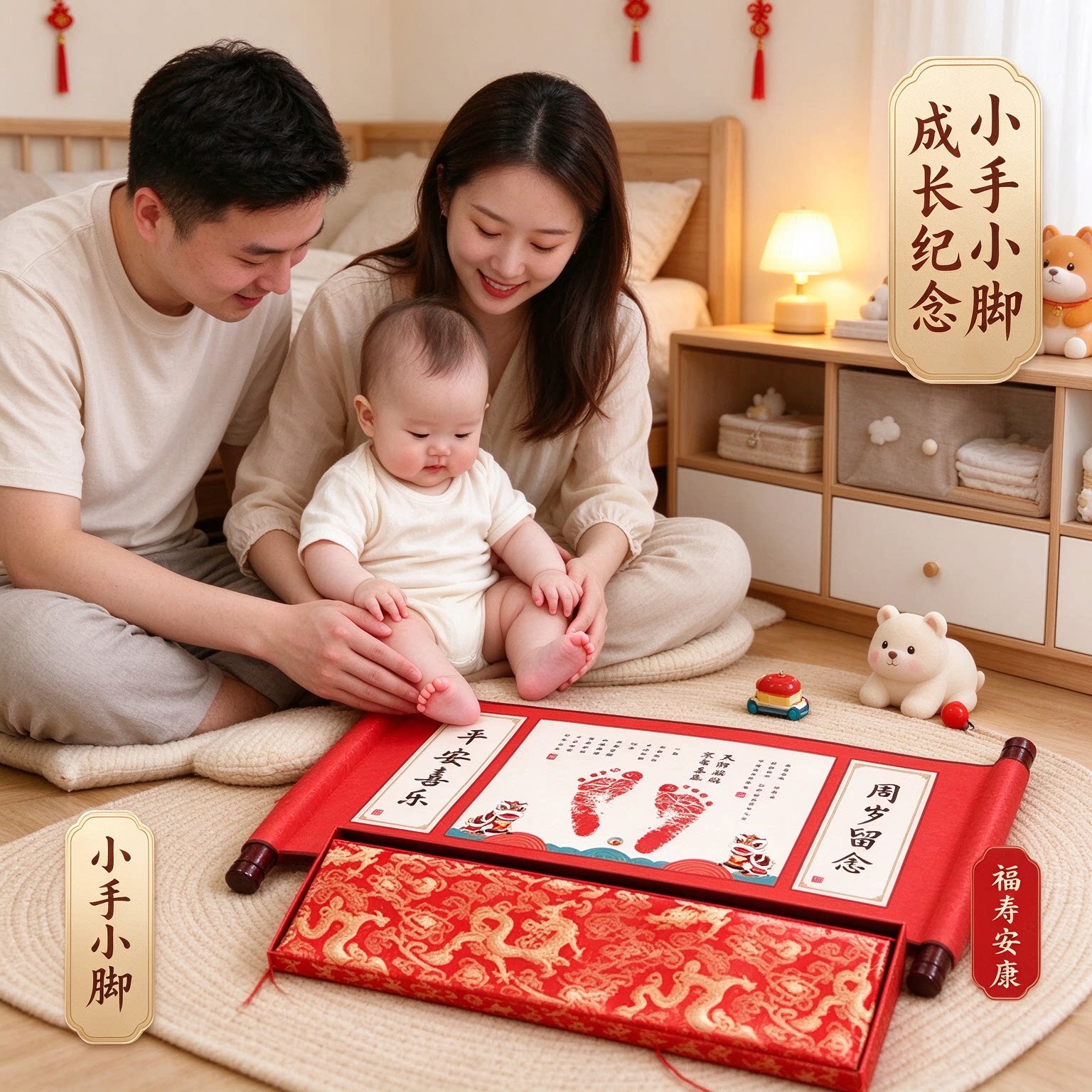 出生见面礼婴儿手足印成长纪念加长款添丁之喜福寿安康小手小脚