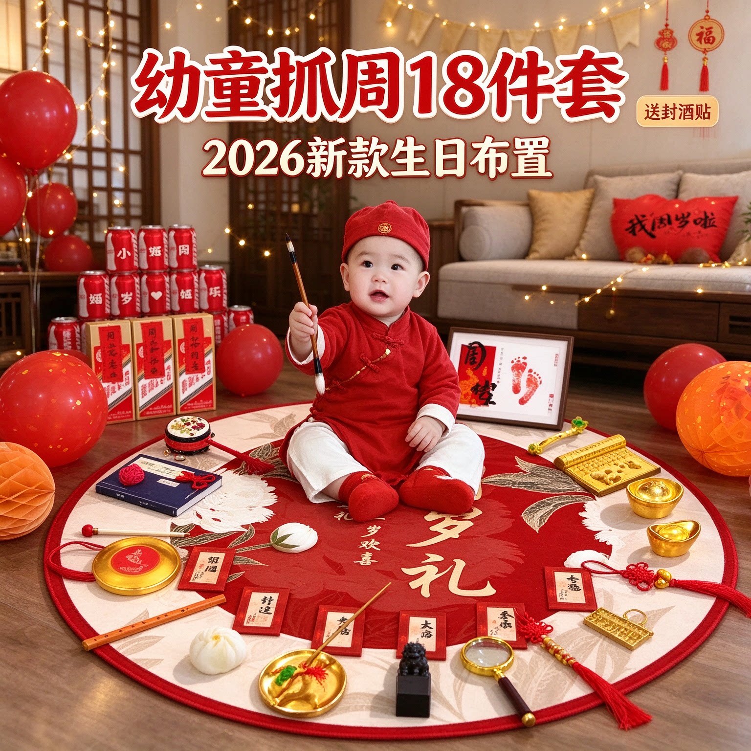 抓周道具套装幼童18件套2026新款送封酒贴一周岁生日布置仪式用品