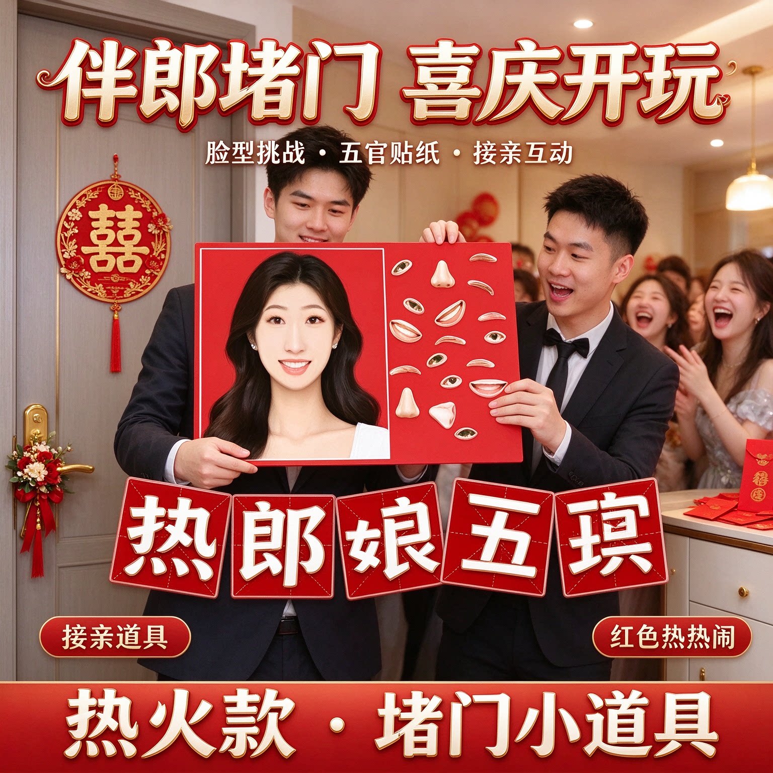 结婚堵门小游戏接亲道具堵门游戏伴郎喜庆五官贴纸接亲玩法脸型