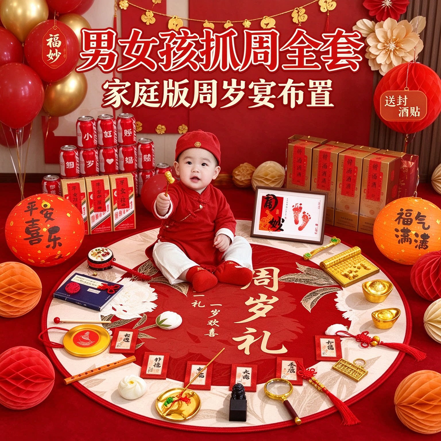 婴儿抓周道具男女孩全套家庭版送封酒贴周岁宴布置装饰用品大全