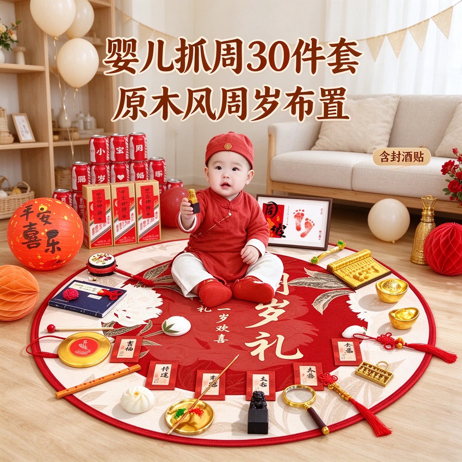 抓周道具套装婴儿30件套原木风送封酒贴一周岁生日布置仪式用品
