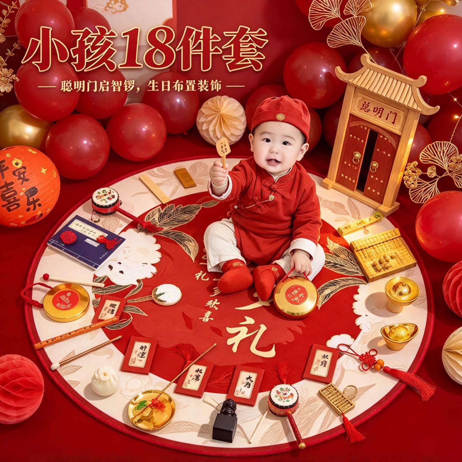 周岁礼抓周道具全套小孩18件套聪明门启智锣生日布置装饰用品大全