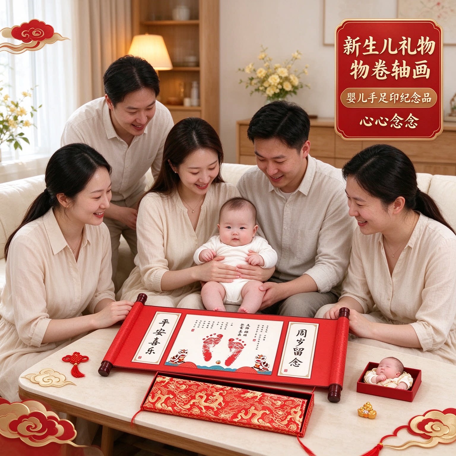 新生儿礼物卷轴画婴儿手足印纪念品心心念念软萌可爱温馨留念珍藏