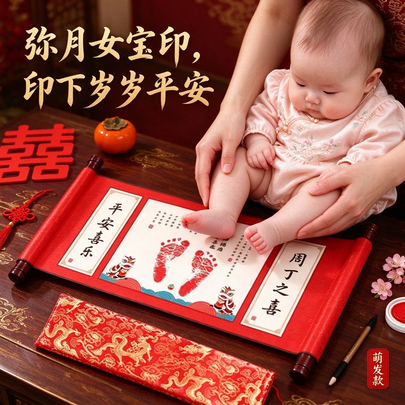 女宝弥月满月酒脚印手印纪念品岁岁平安纪念卷轴画添丁之喜小脚丫