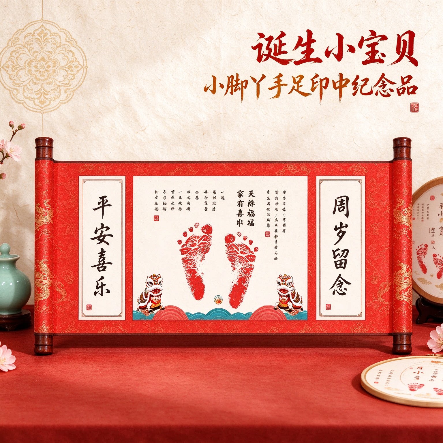 诞生小宝贝小脚丫宝宝手足印中式纪念品团团圆圆温馨留念添丁之喜
