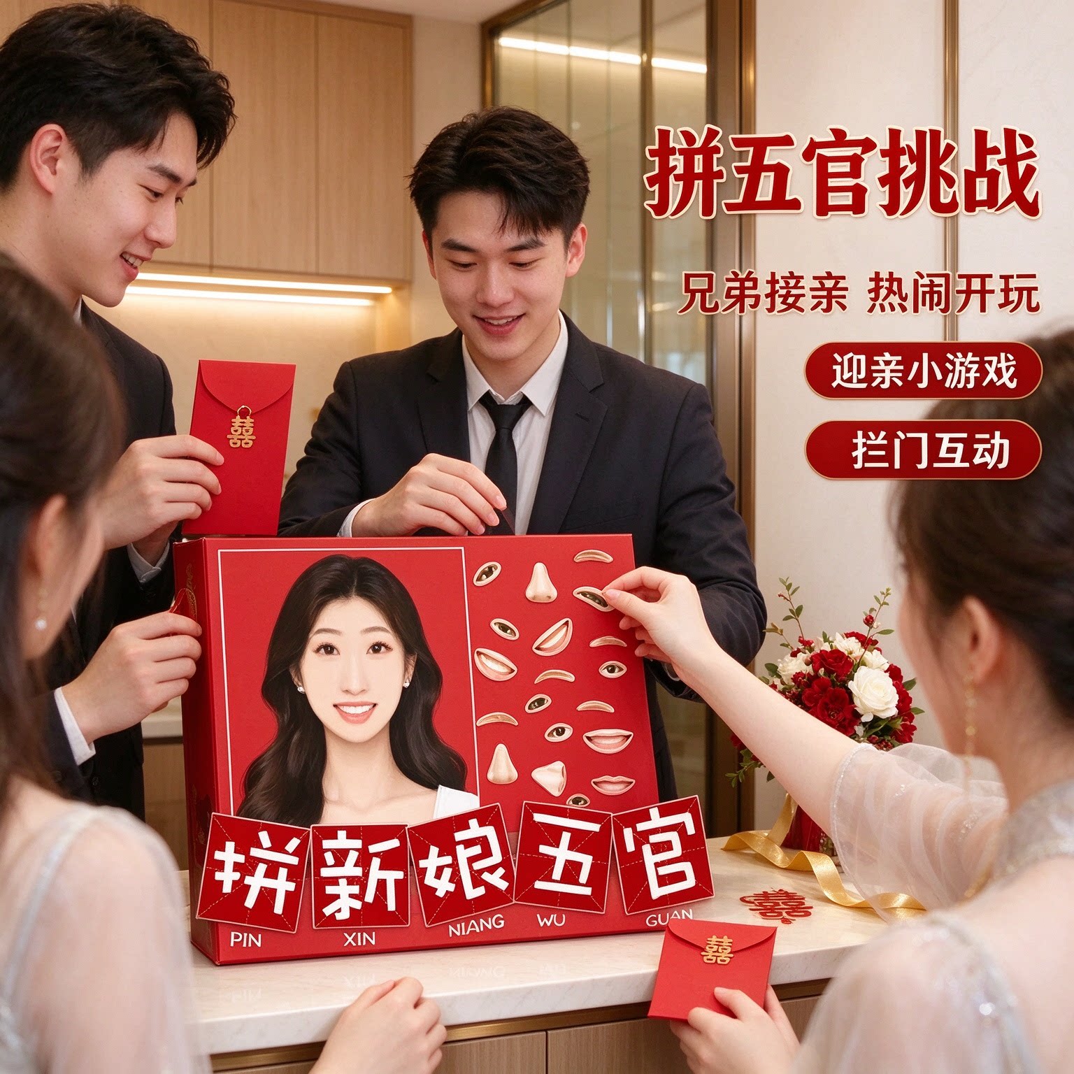 拼脸猜图拼五官婚礼道具接亲道具兄弟接亲玩法迎亲小游戏迎亲堵门