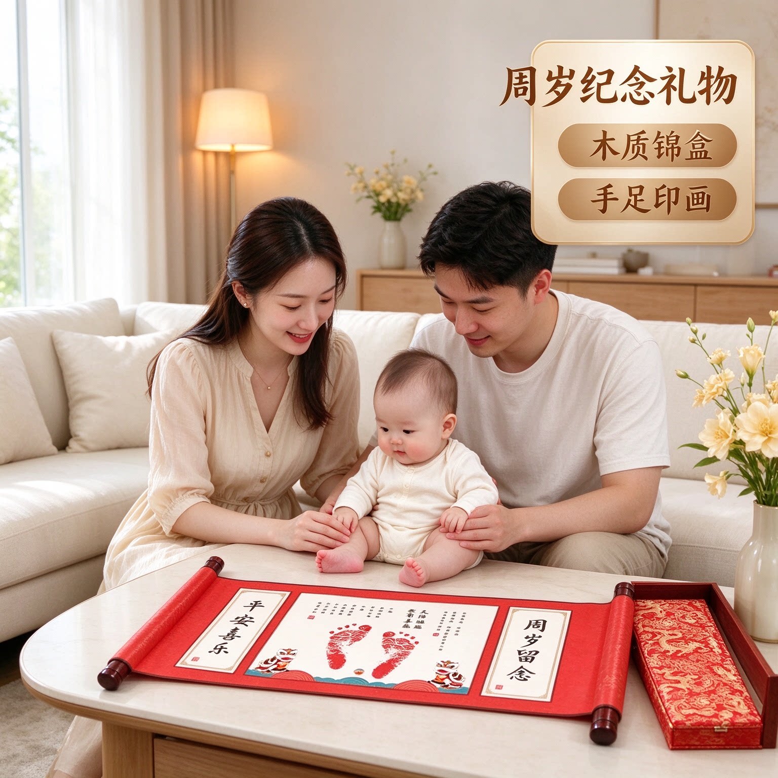 周岁纪念礼物木质锦盒知足常乐手足印画成长纪念温馨留念吉庆有余