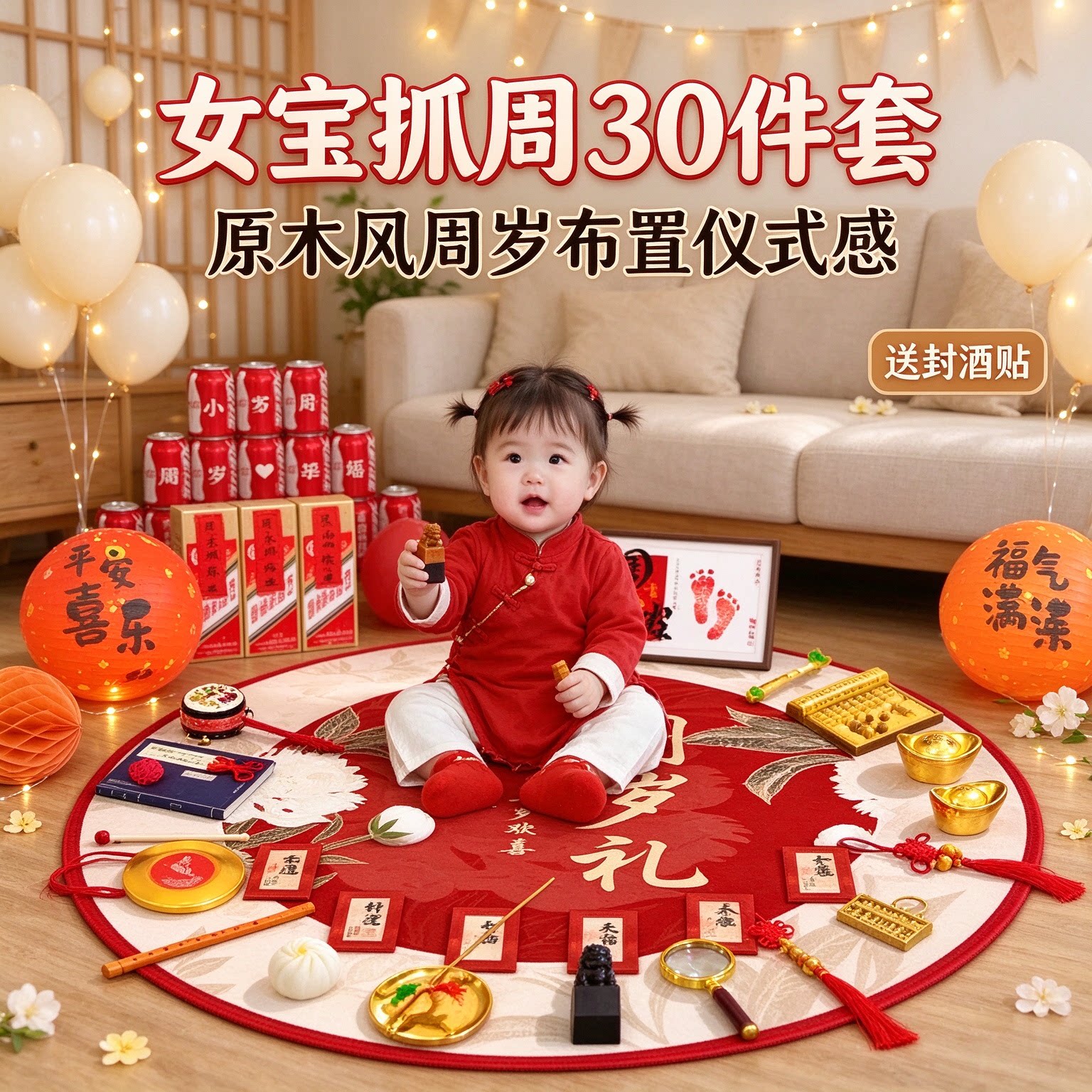 婴儿抓周道具女宝30件套原木风送封酒贴周岁布置仪式感用品大全