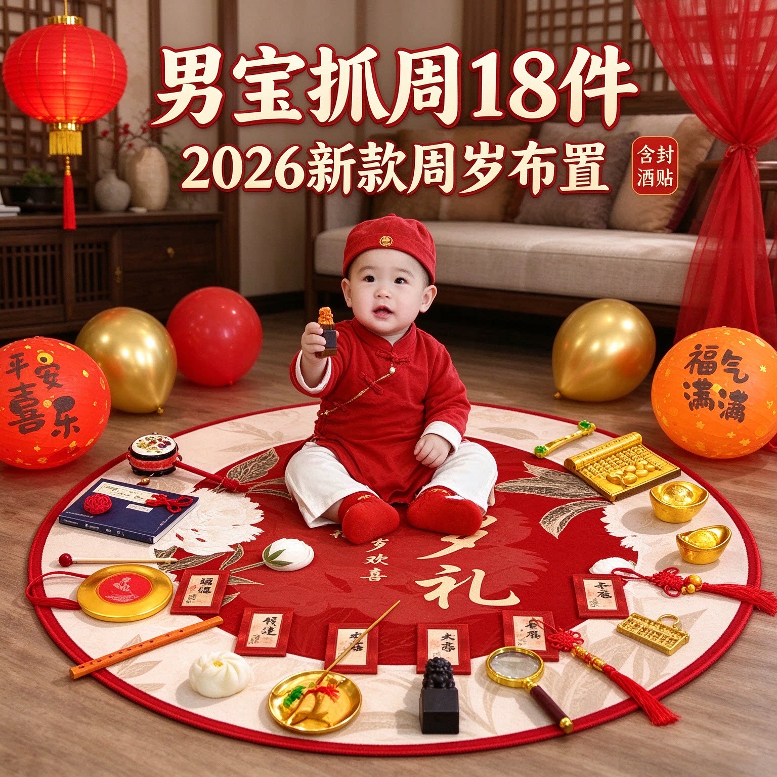 婴儿抓周道具男宝18件2026新款送封酒贴一周岁布置套装用品大全