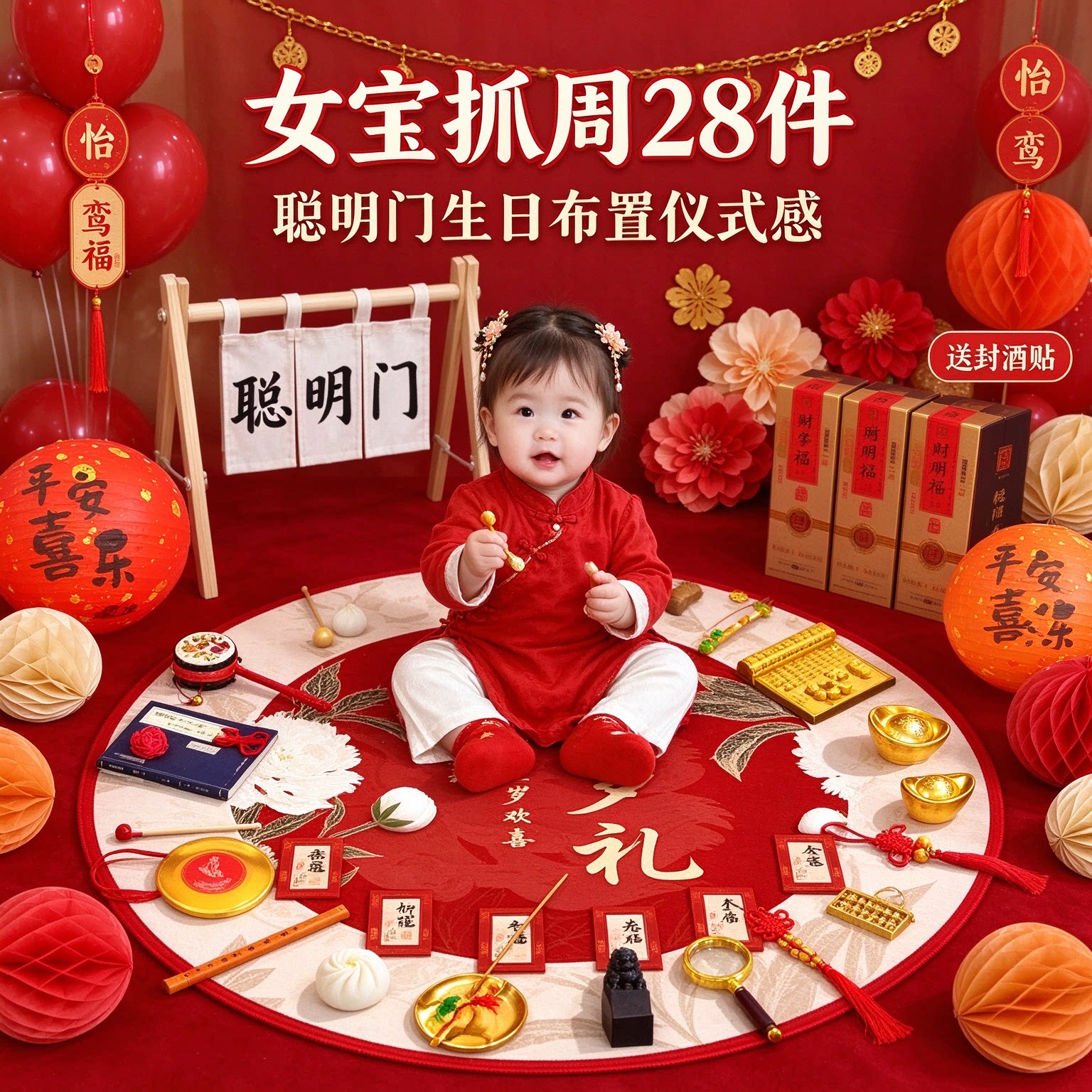 抓周道具套装女宝28件套聪明门送封酒贴一周岁生日布置仪式用品