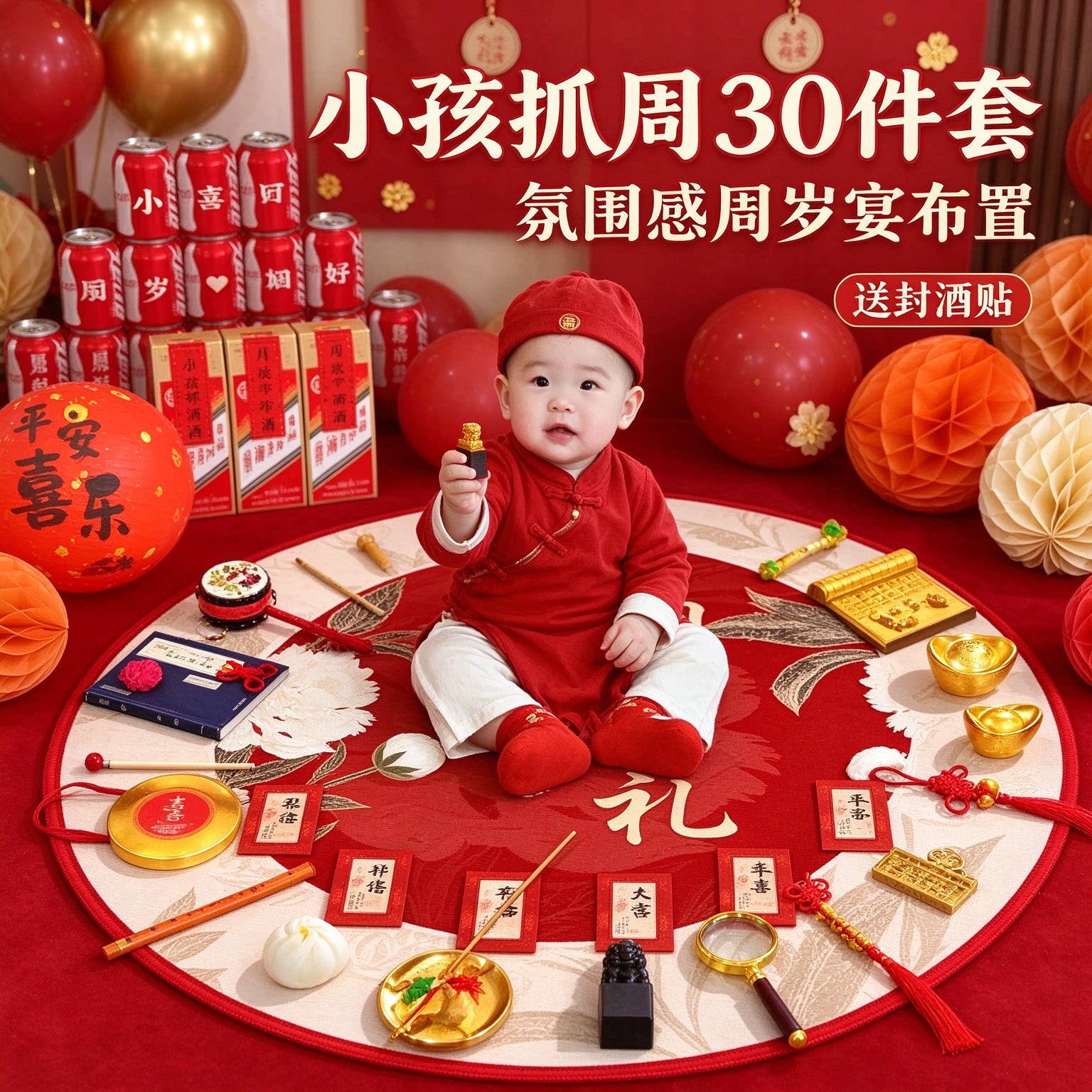 婴儿抓周道具小孩30件套氛围感送封酒贴周岁宴布置装饰用品大全