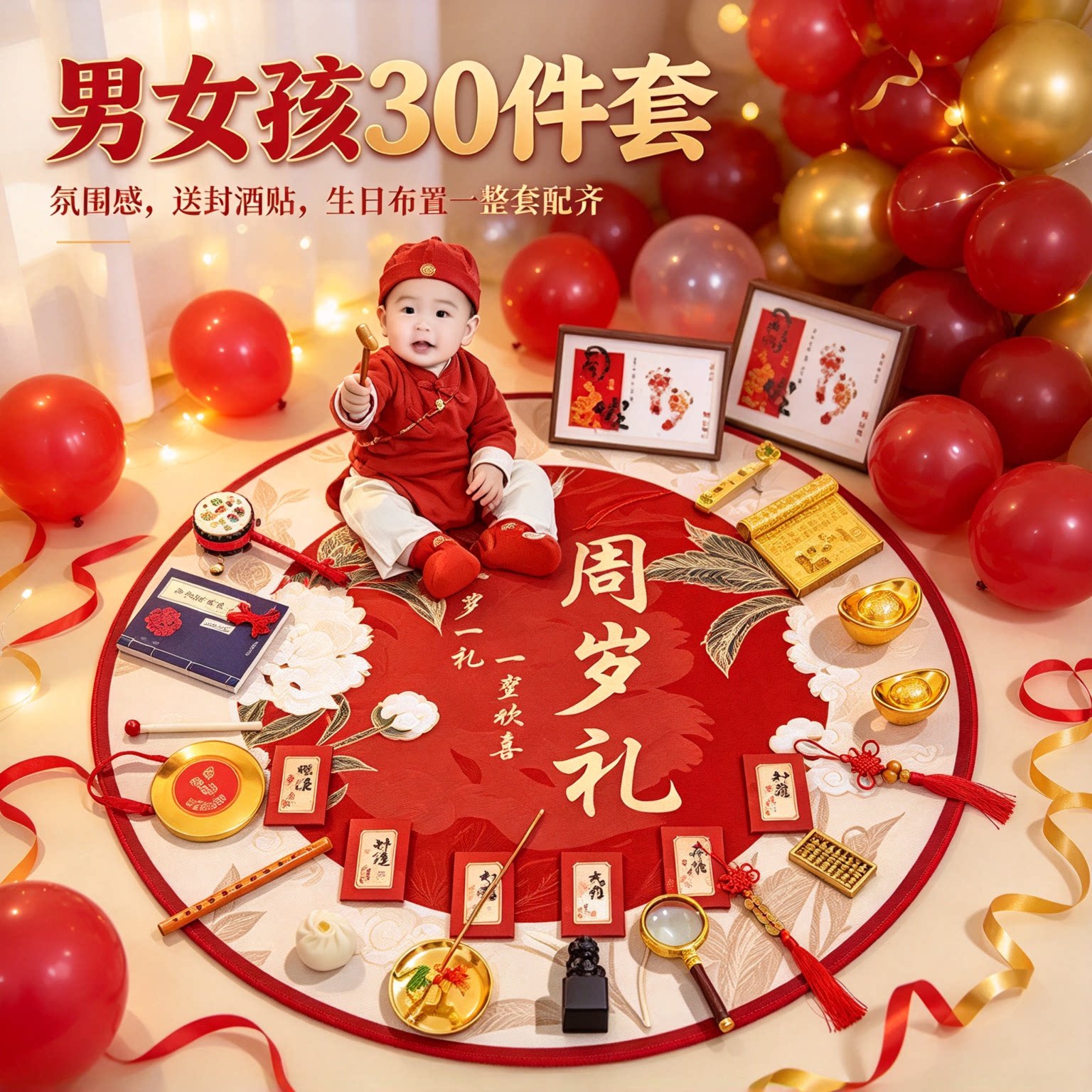 一周岁抓周用品道具男女孩30件套氛围感送封酒贴生日布置一整套
