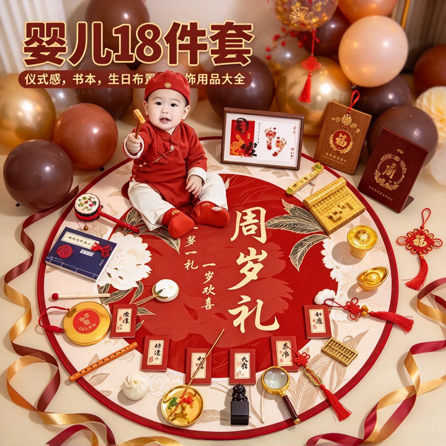 周岁礼抓周道具全套婴儿18件套仪式感书本生日布置装饰用品大全