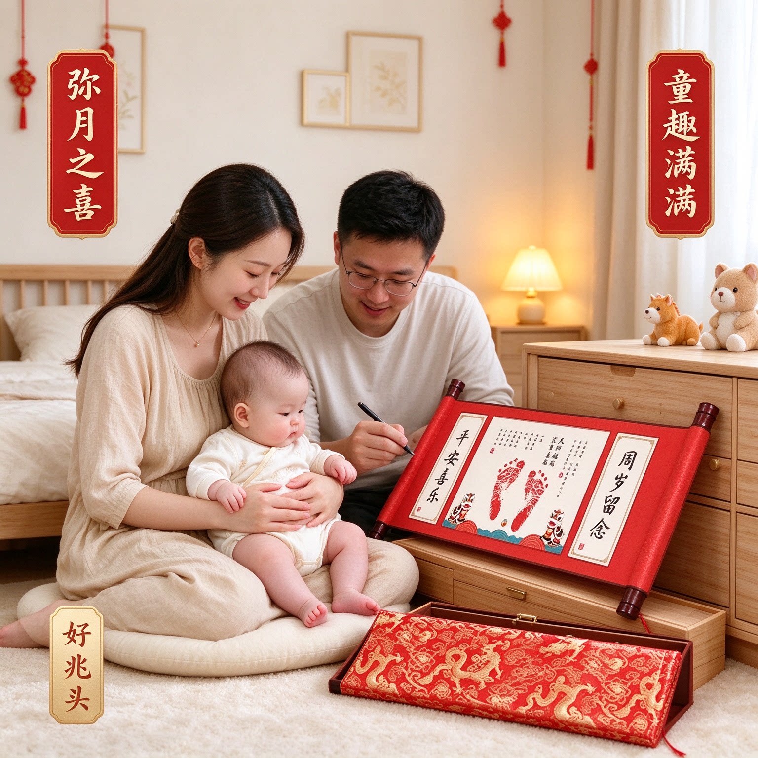宝宝纪念礼物手足印卷轴画木质锦盒纪念品弥月之喜童趣满满好兆头