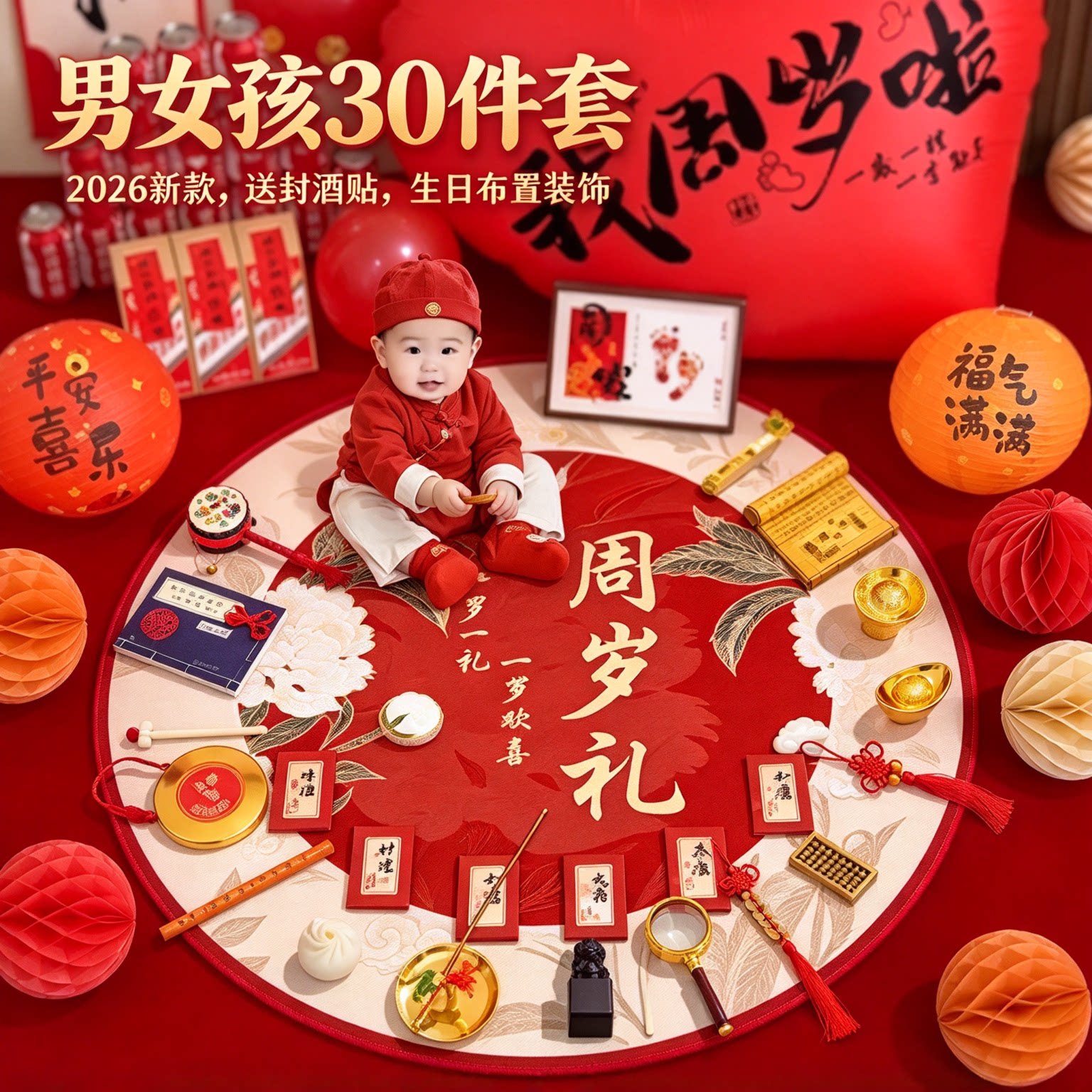 抓周用品一周岁道具男女孩30件套2026新款送封酒贴生日布置装饰